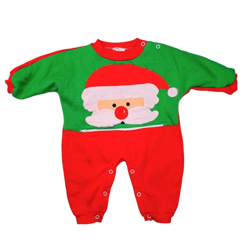 Vintage Baby Santa Face Winter Christmas Holiday Coveralls Romper Outfit 6m